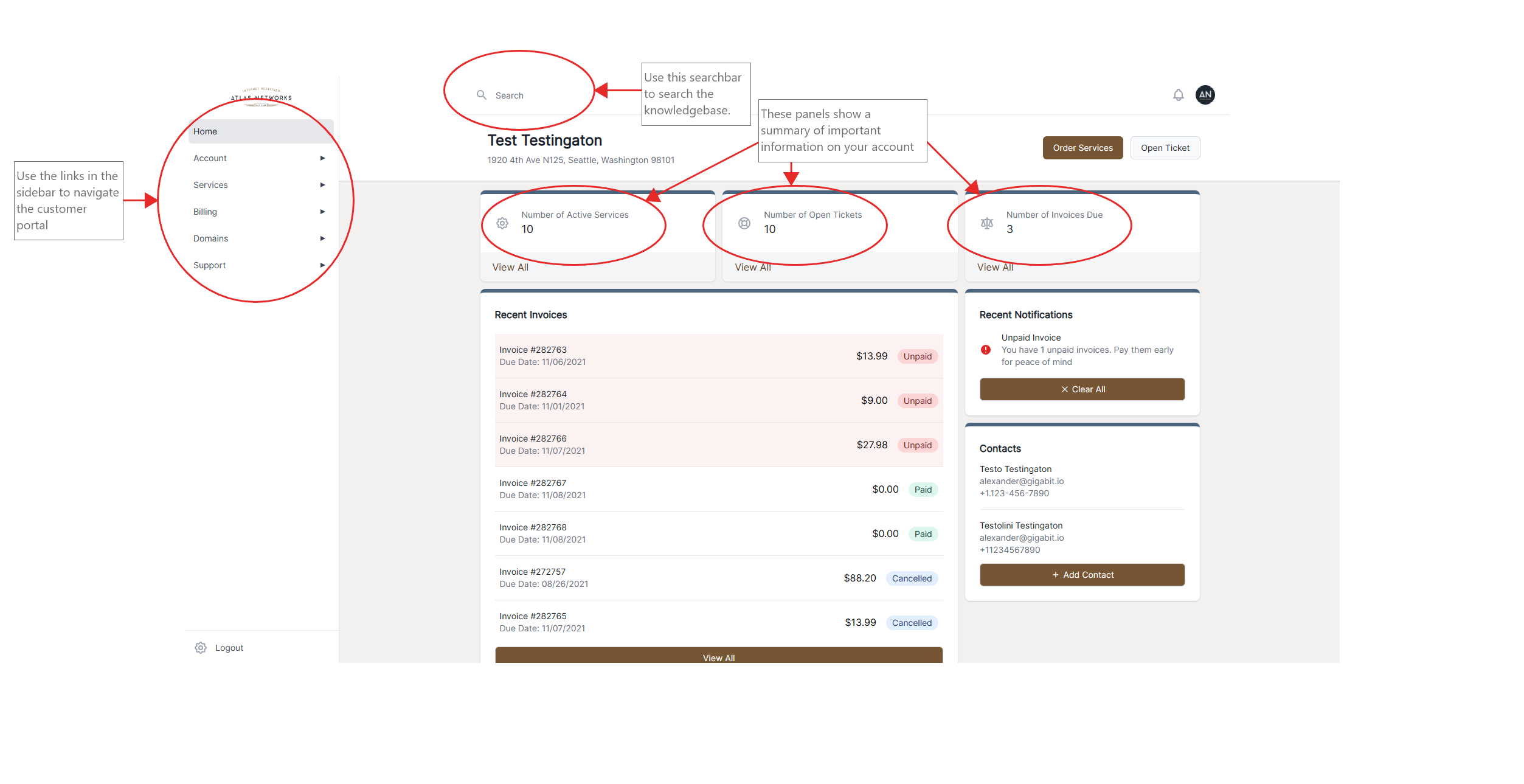 Diagram showing how to navigate the homepage of the Customer Portal