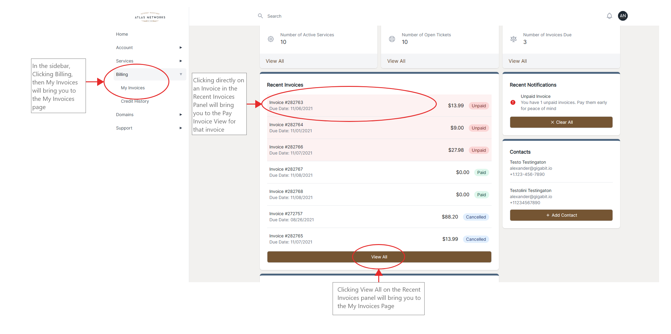 Diagram showing how to get to an invoice in the Customer Portal