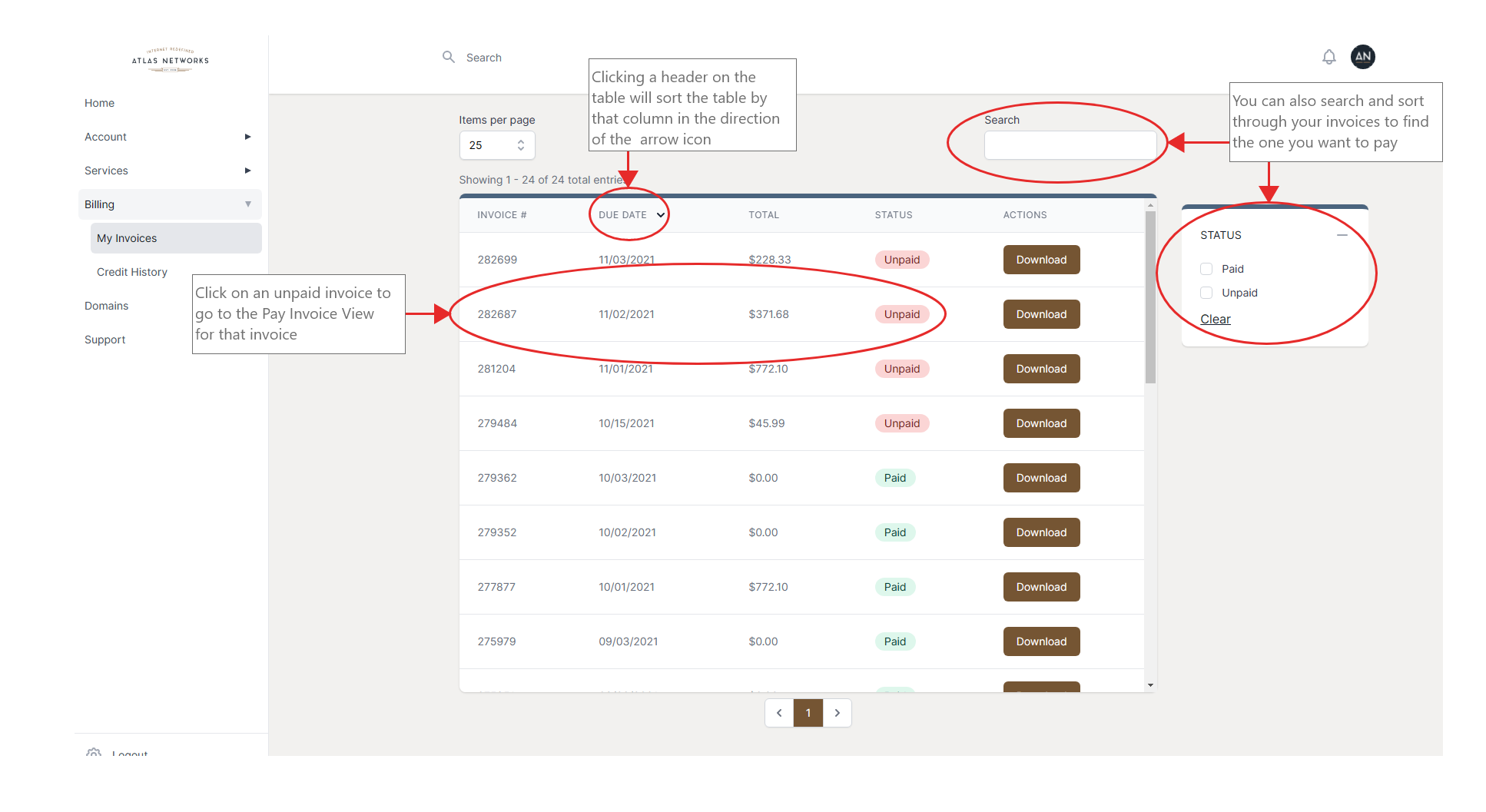 Diagram showing how to access an invoices from the My Invoices page