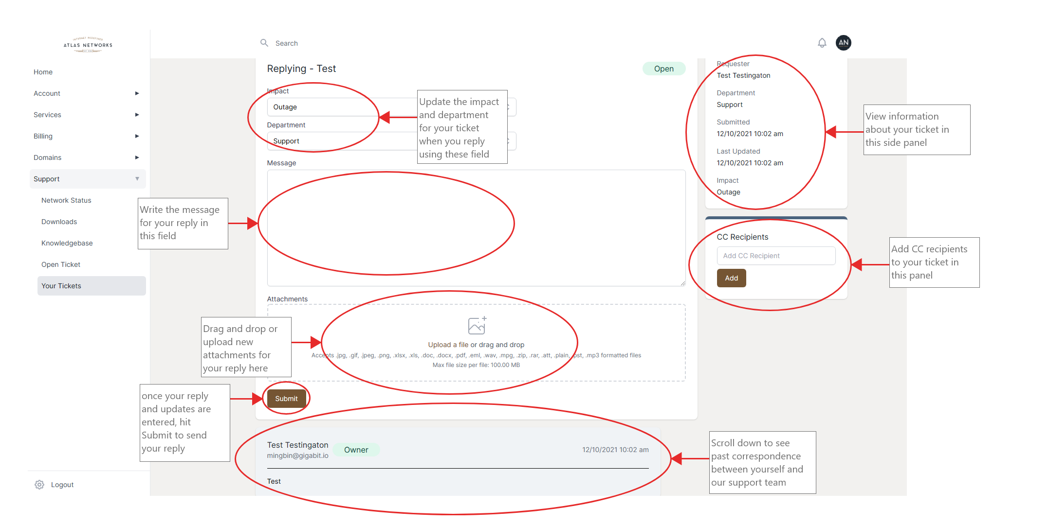 Diagram showing how to reply to a ticket